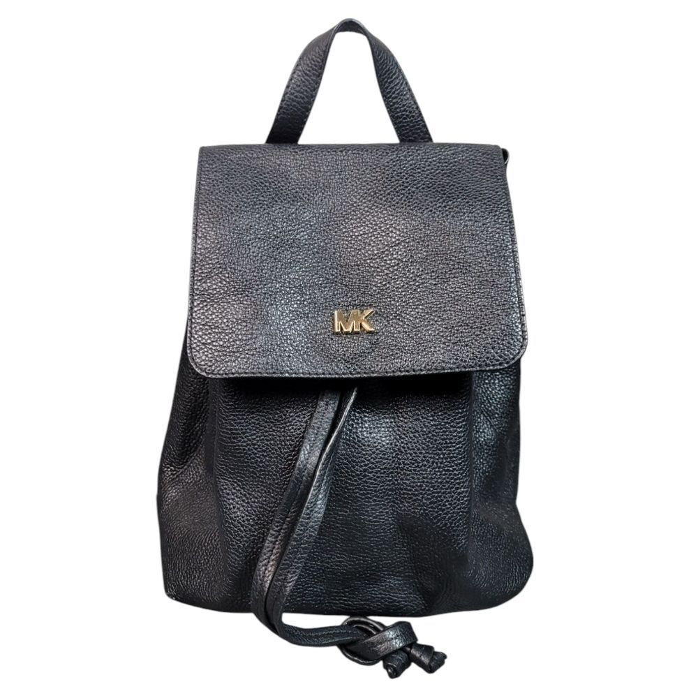 Michael Kors Junie Flap Medium Black Pebble Leather Backpack Handbag Goldl Logo